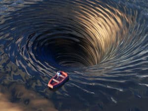 codpendency anxiety depicted as a person in a boat on the edge of a huge sinkhole