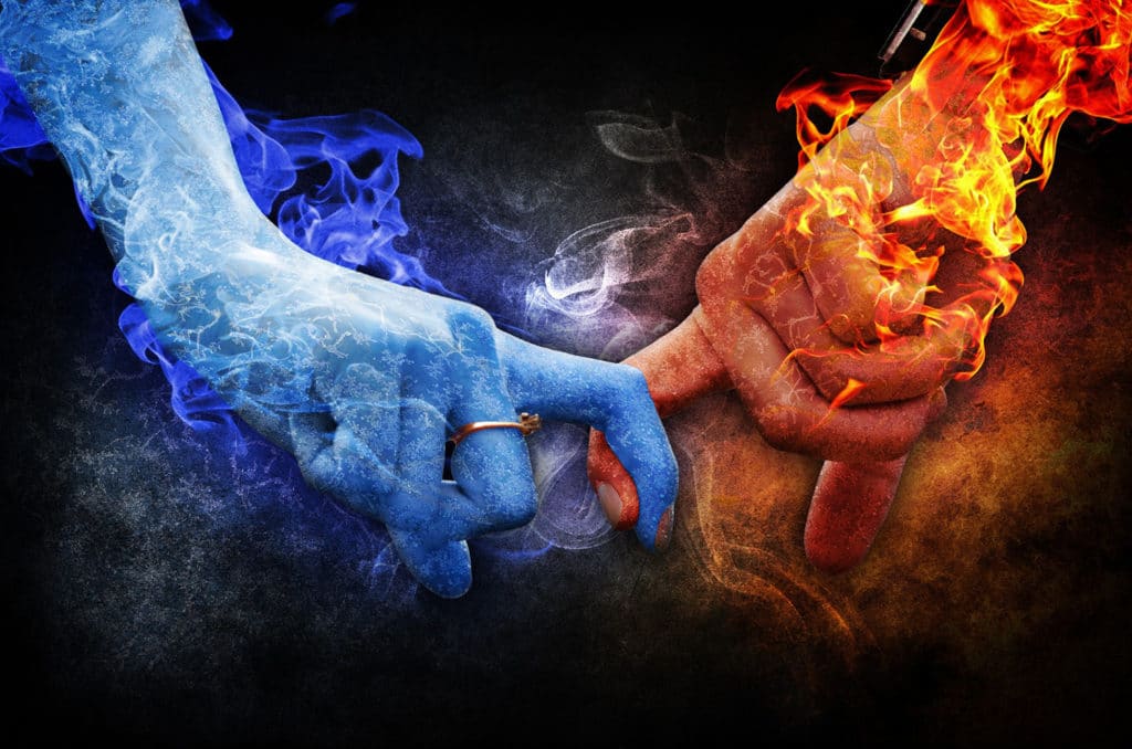 hands surrounded by fire and ice to represent passion and serenity